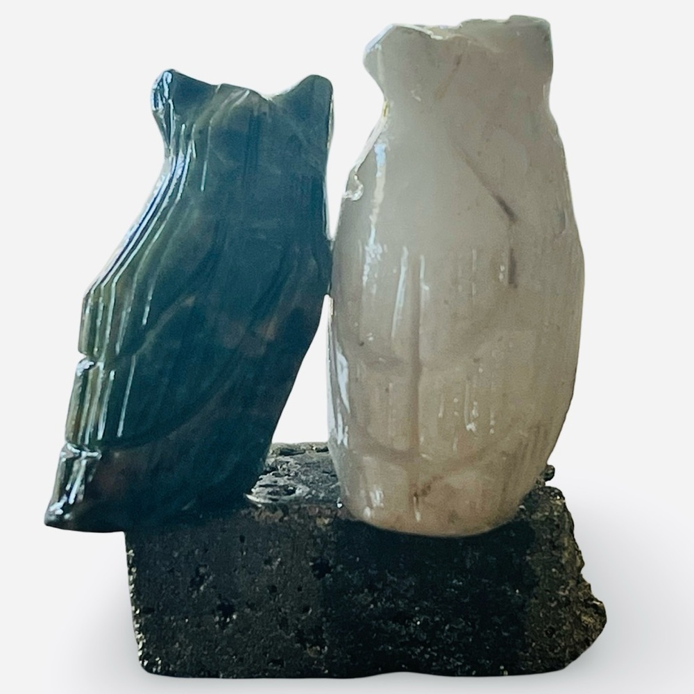Handcrafted Carved Stone Owl Figurines on Pyrite Base - Picture 3 of 6